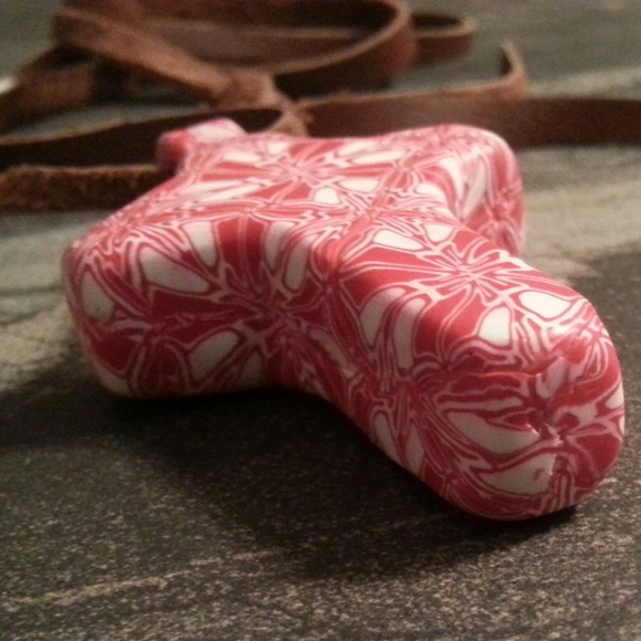 Handmade Polymer Clay cross pendant with leather - Picture 3 of 4